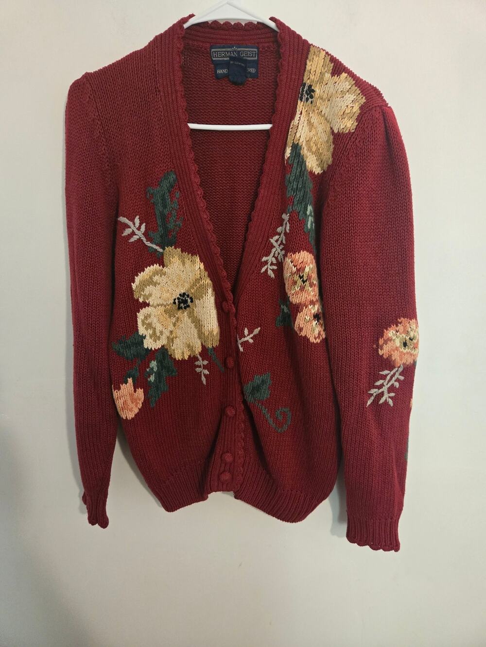 Herman Geist Vintage Red Hand Embroidered Floral Linen Cotton Cardigan Sweater S
